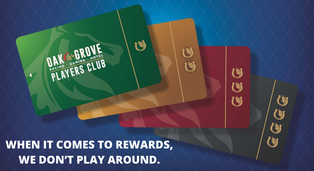 Image shows Green, Gold, Red and Black Players Club cards and says "When it comes to rewards, we don't play around."