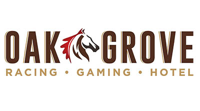 Image of the Oak Grove logo reads "Oak Grove" with horse head logo between the two words and "Racing • Gaming • Hotel" written underneath all in tall sans-serif lettering