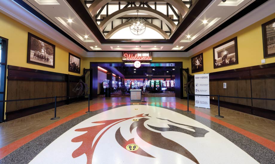 Image shows the Gaming Floor entrance with the Horsehead logo on the floor
