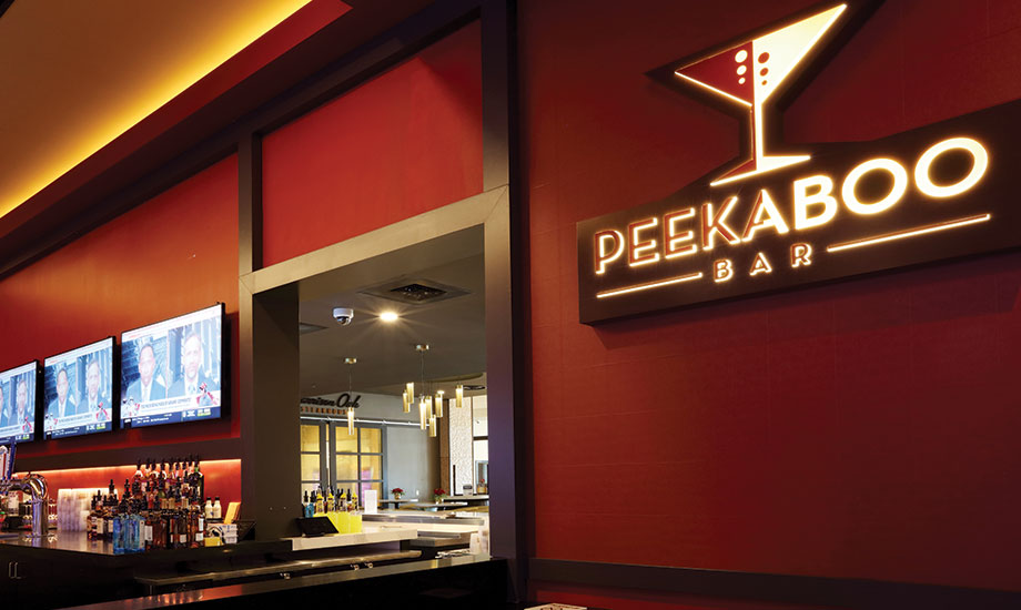 Image shows the Peek-a-Boo Bar's wall logo and entryway to the lobby bar