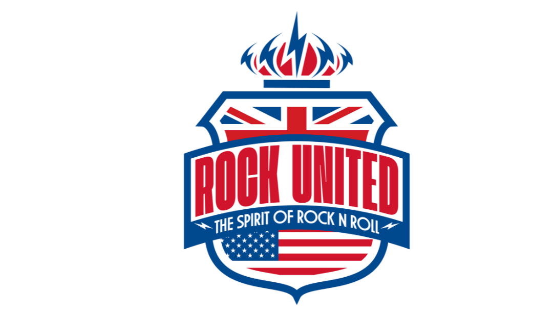 Logo shows a British flag and an American flag on a badge shape with center banner that reads "Rock United The Spirit of Rock N Roll"