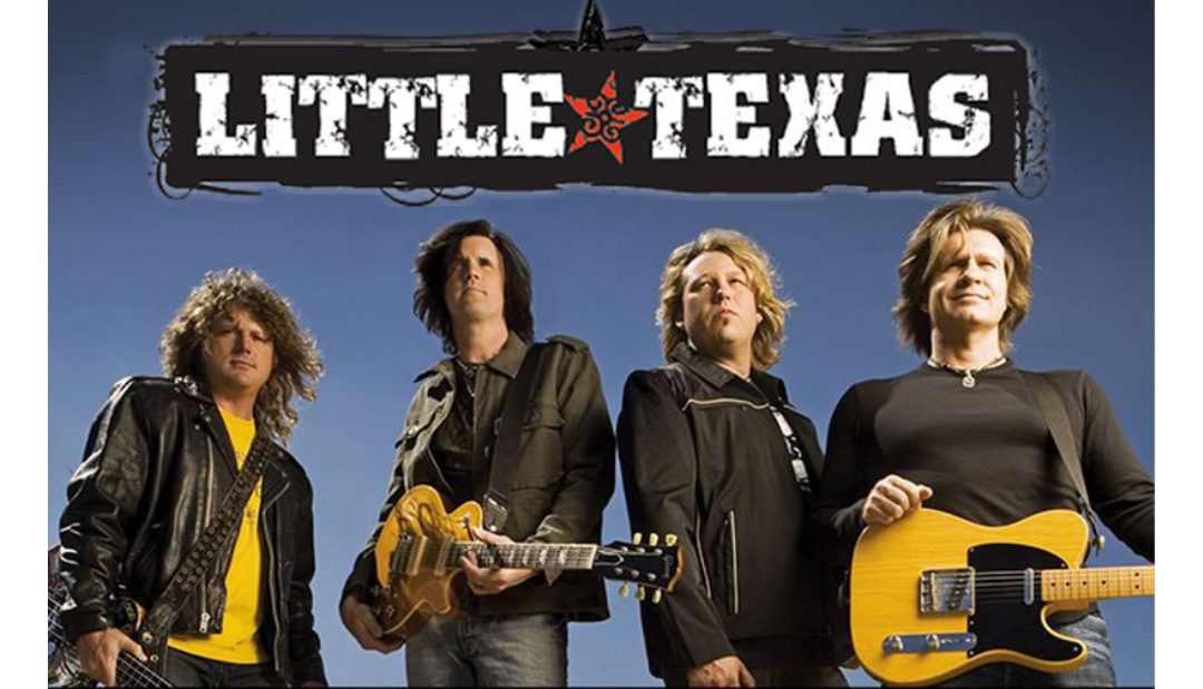 Image of the band Little Texas holding guitars with their band logo above their heads