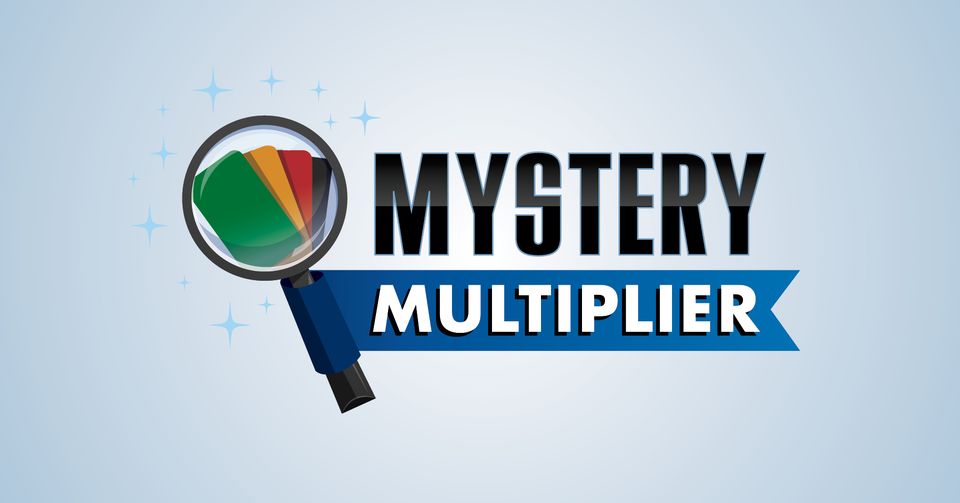 Logo image for "Mystery Multiplier" that shows a magnifying glass looking at Players Club cards on a light blue background