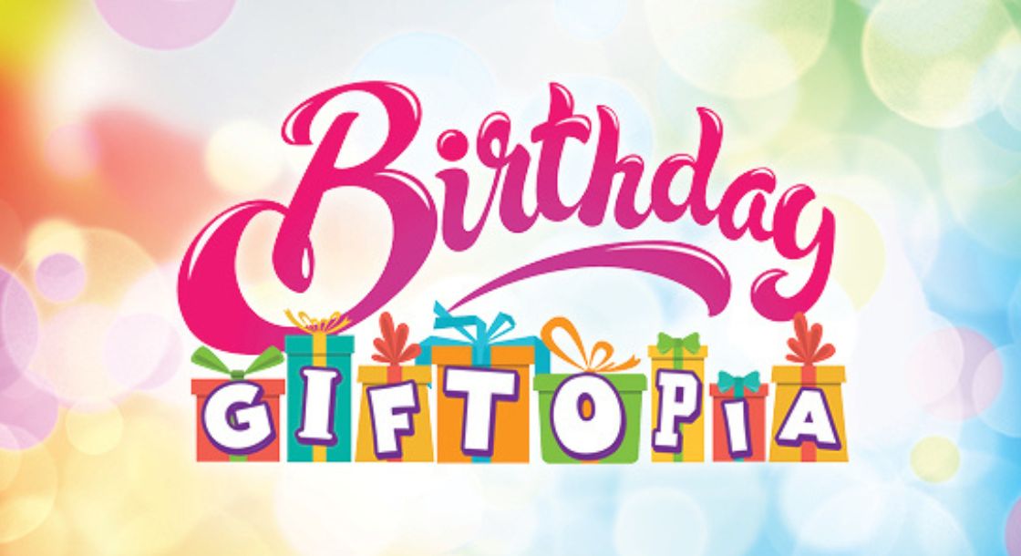 Logo image reading "Birthday Goftopia" with "giftopia" letters on birthday presents