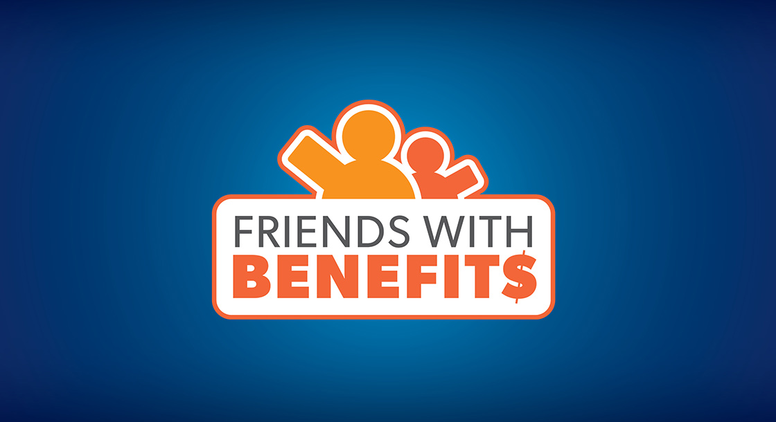 Logo image of silhouettes of people that reads "Friends with Benefit$"