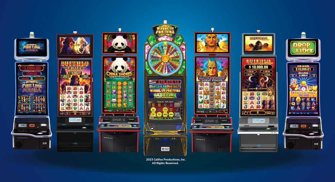 Image shows a variety of the historical horse racing machines (HRM) available on Oak Grove Racing, Gaming and Hotel's gaming floor