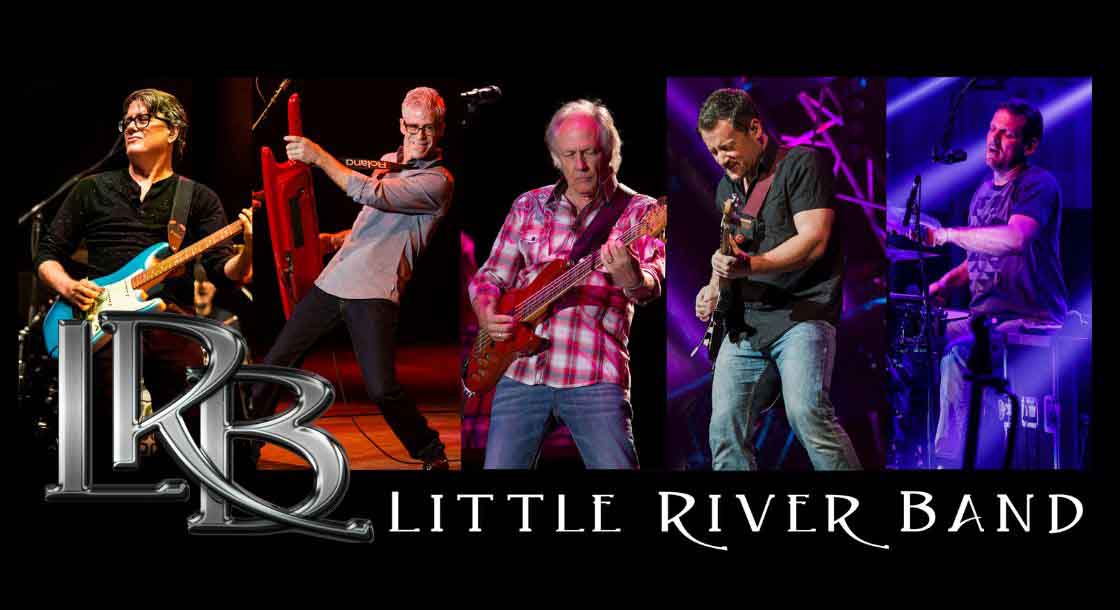 Images of all five members of Little River Band with their logo and band name