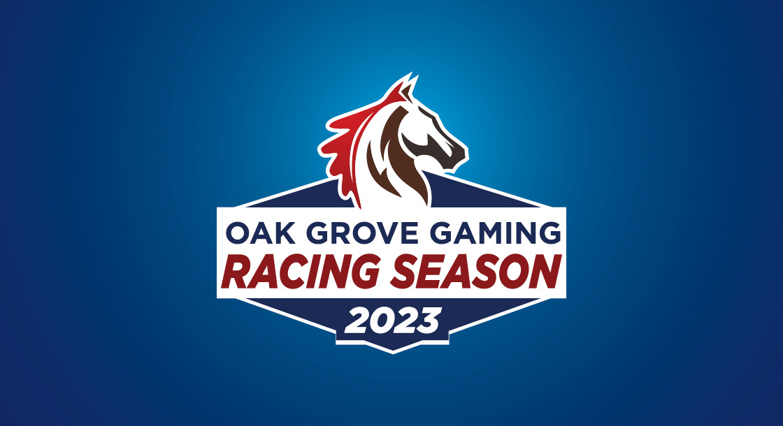 "Oak Grove Gaming Racing Season 2023" logo with horse head on blue background