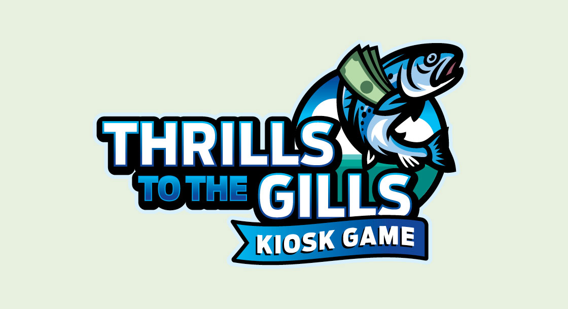 Image shows logo for "Thrills to the Gills Kiosk Game" with a fish on a sage colored background
