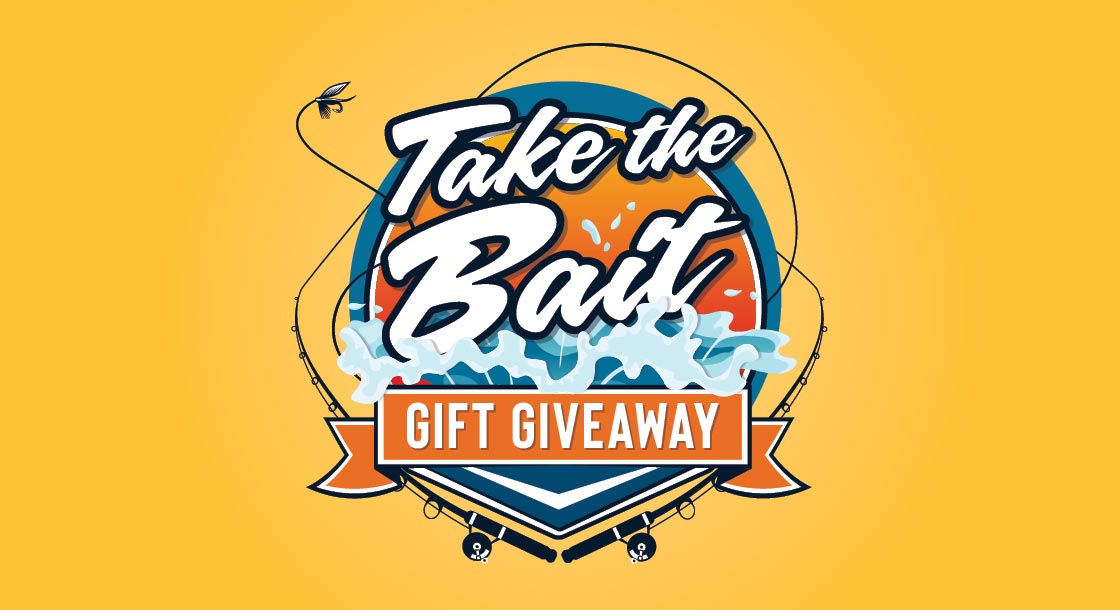 Logo image for the "Take the Bait Gift Giveaway" shows fishing rods and a wave on a yellow-orange background