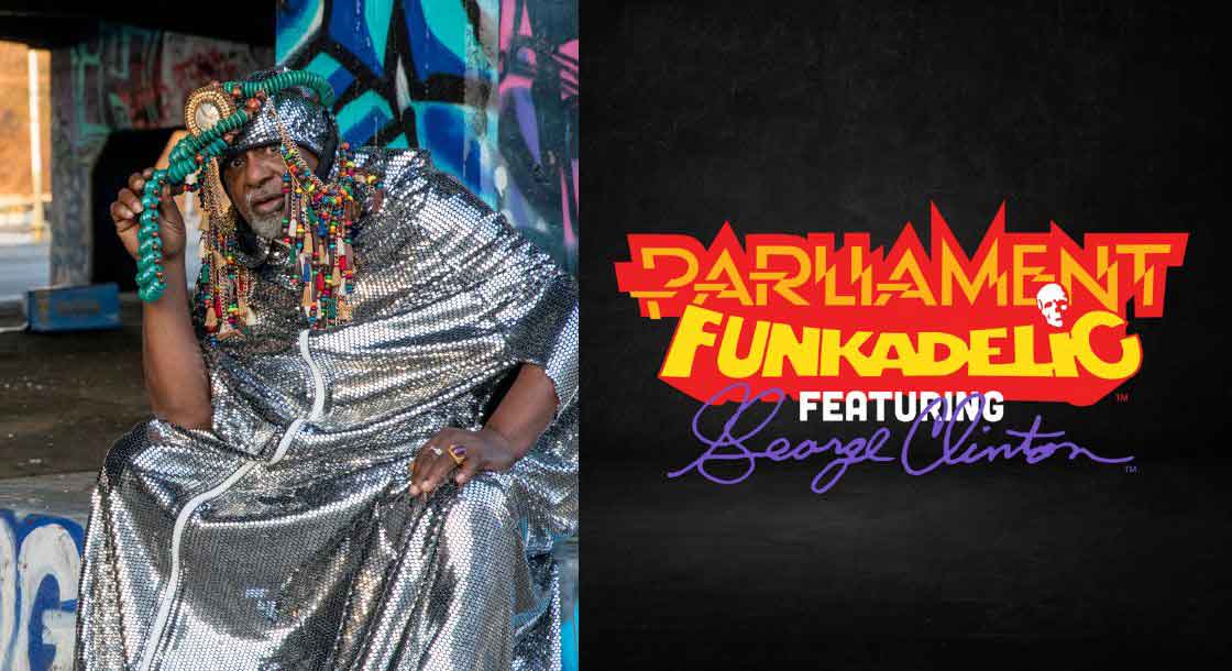 Image of George Clinton with Parliament Funkadelic logo