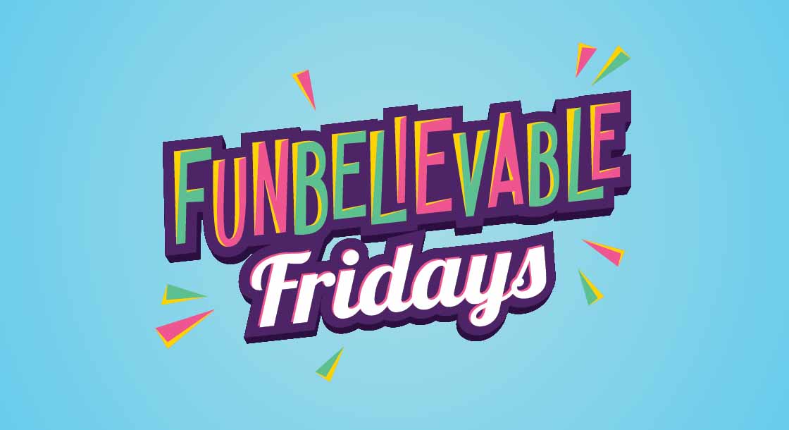 Blue background with Funbelieveable Fridays logo on it