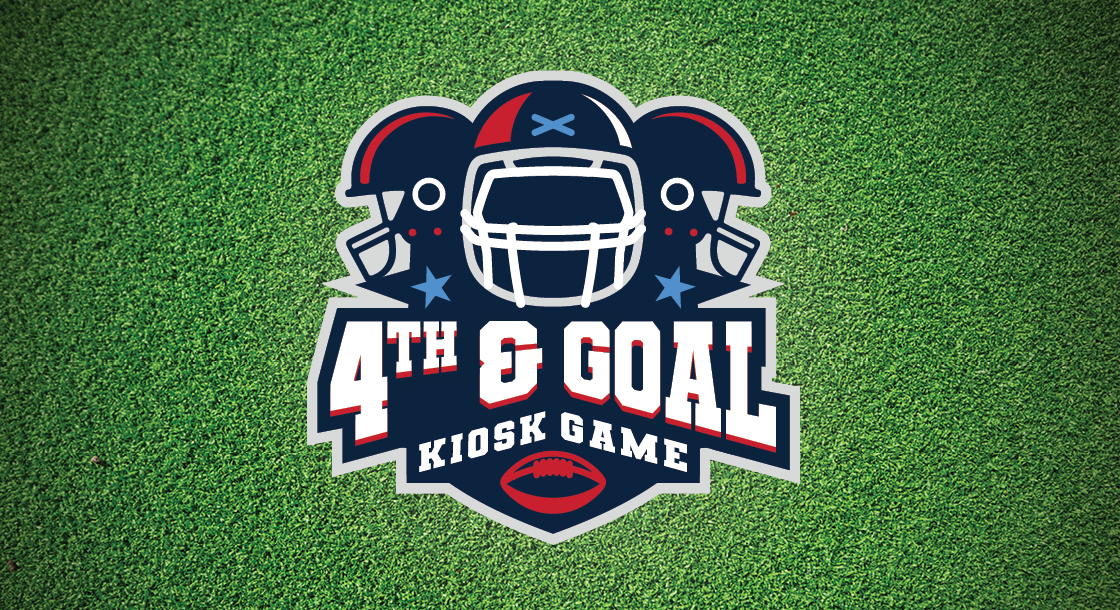 Image shows a logo with 3 football helmets on a turf background. The logo reads "4th & Goal Kiosk Game"