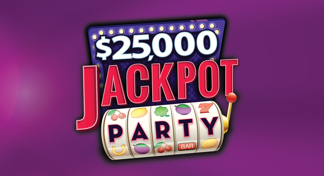 Logo for "$25,000 Jackpot Party" shows "PARTY" on spinning slot reels, on purple background.