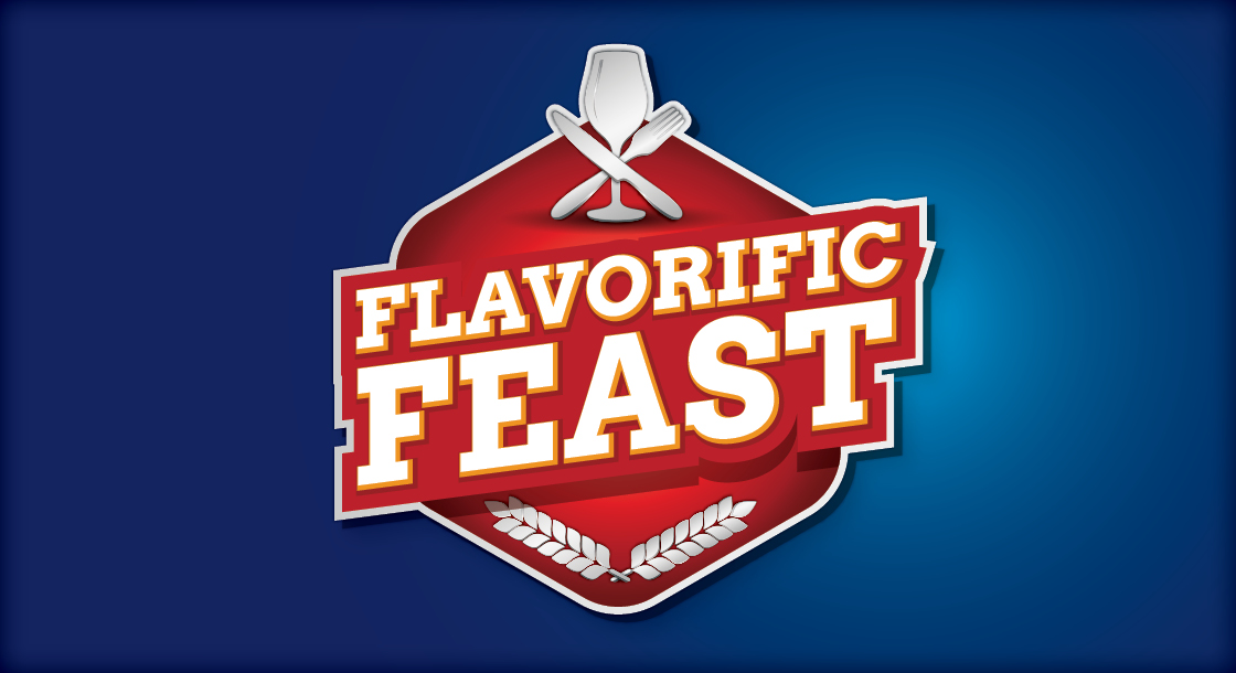 Blue background with red logo that reads "Flavorific Feast"