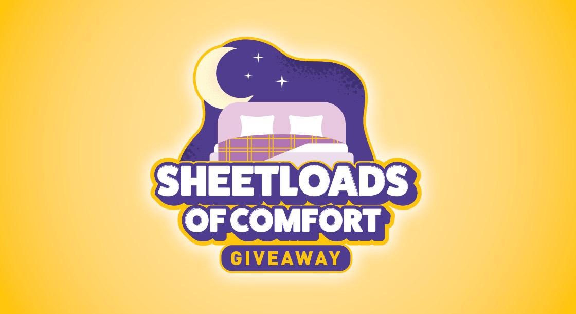Image is logo on yellow background. Logo reads "Sheetloads of Comfort Giveaway" with a bed and stars behind text