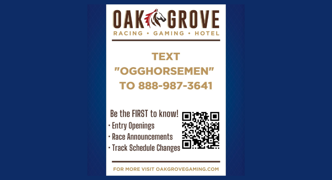 Blue background with information for horsemen to text number if needed, QR code in bottom right corner