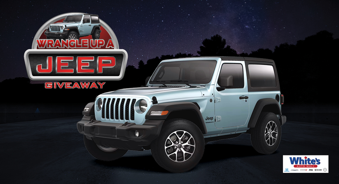 light blue jeep wrangler with nighttime background with wrangle up a jeep giveaway in red font