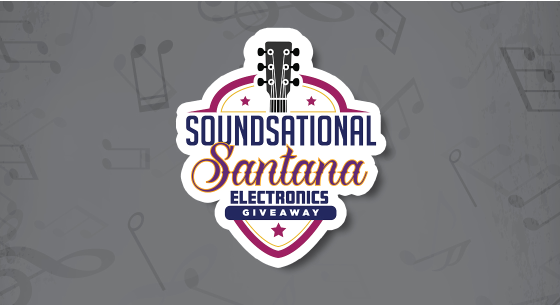 white background with purple and blue color font with the words soundsational Santana electronics giveaway