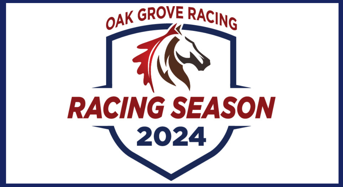 red text with the words oak grove racing racing season 2024