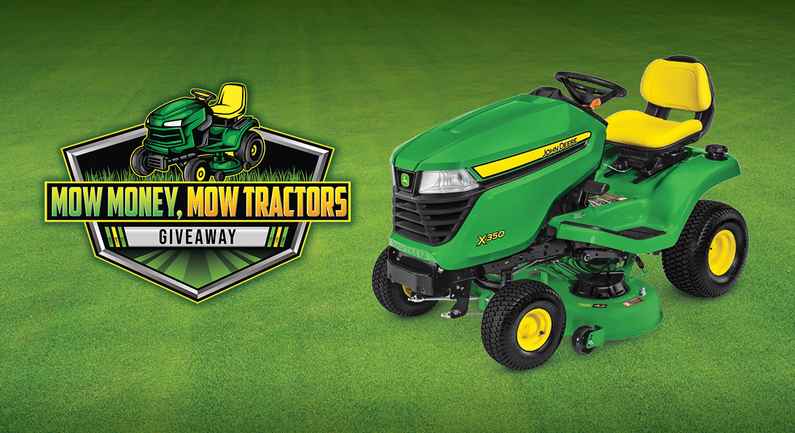 green background with green and yellow tractor, yellow, black and green font