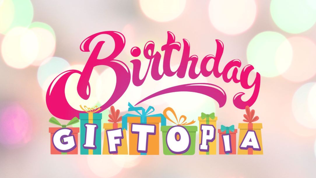 sparkly background with pink text and white text with giftboxes behind them
