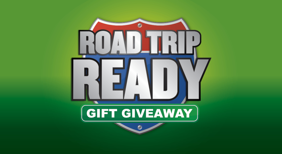 Words: Roa trip ready gift giveaway, green background