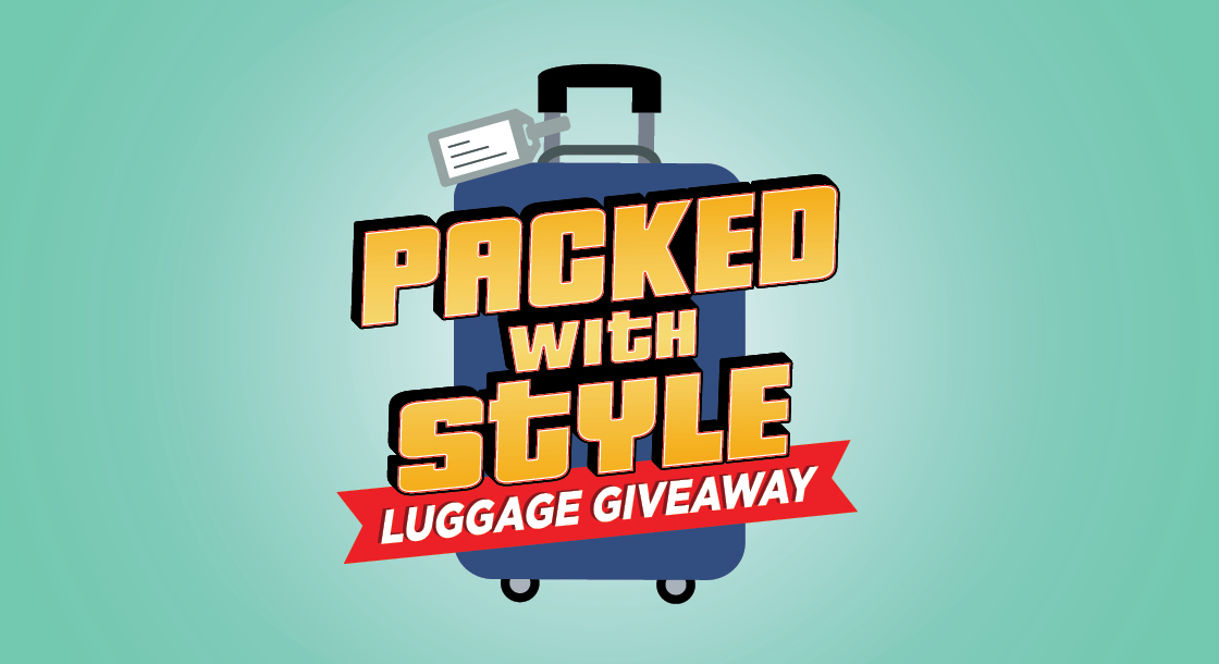 Suitcase with the word packed with style luggage giveaway written over it