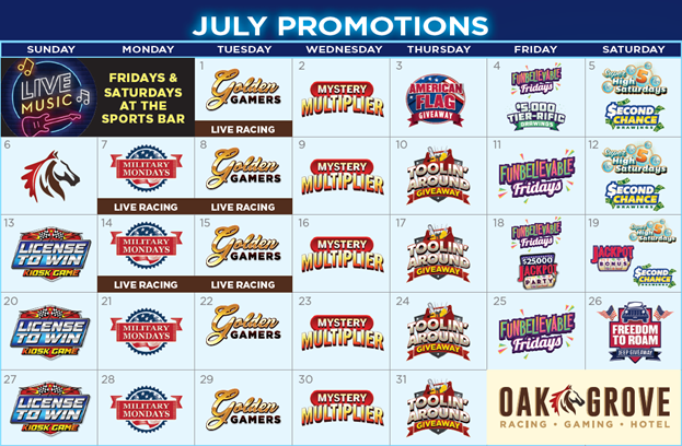 July 2025 Promotional Calendar with icons representing the different promotions for each day.