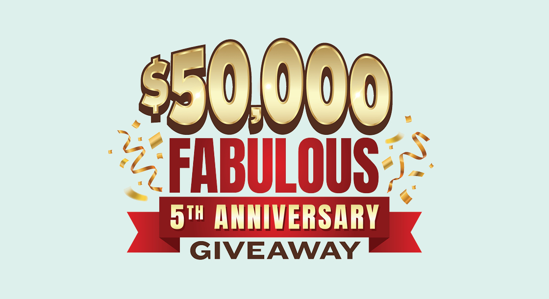 The words $50,000 Fabulous 5th Anniversary Giveaway against a blue background.