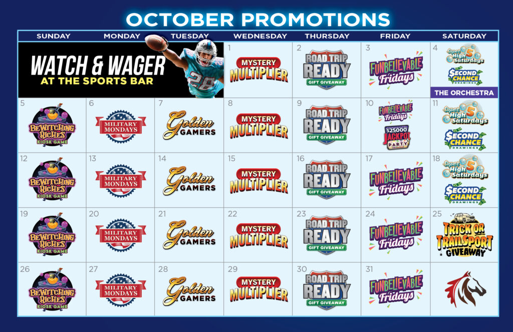 Calendar featuring upcoming promotions for the month of October 2025