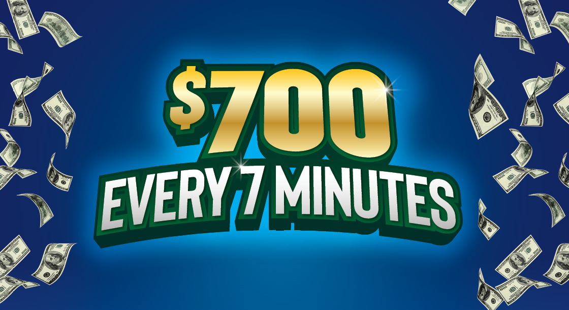 Text reading 700 every 7 minutes with cash flowing down along the sides