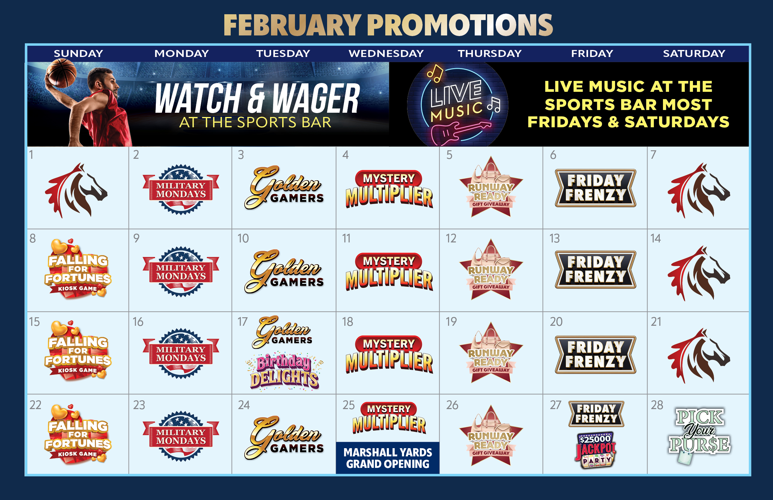Calendar of upcoming promotions at Oak Grove Racing, Gaming, and Hotel