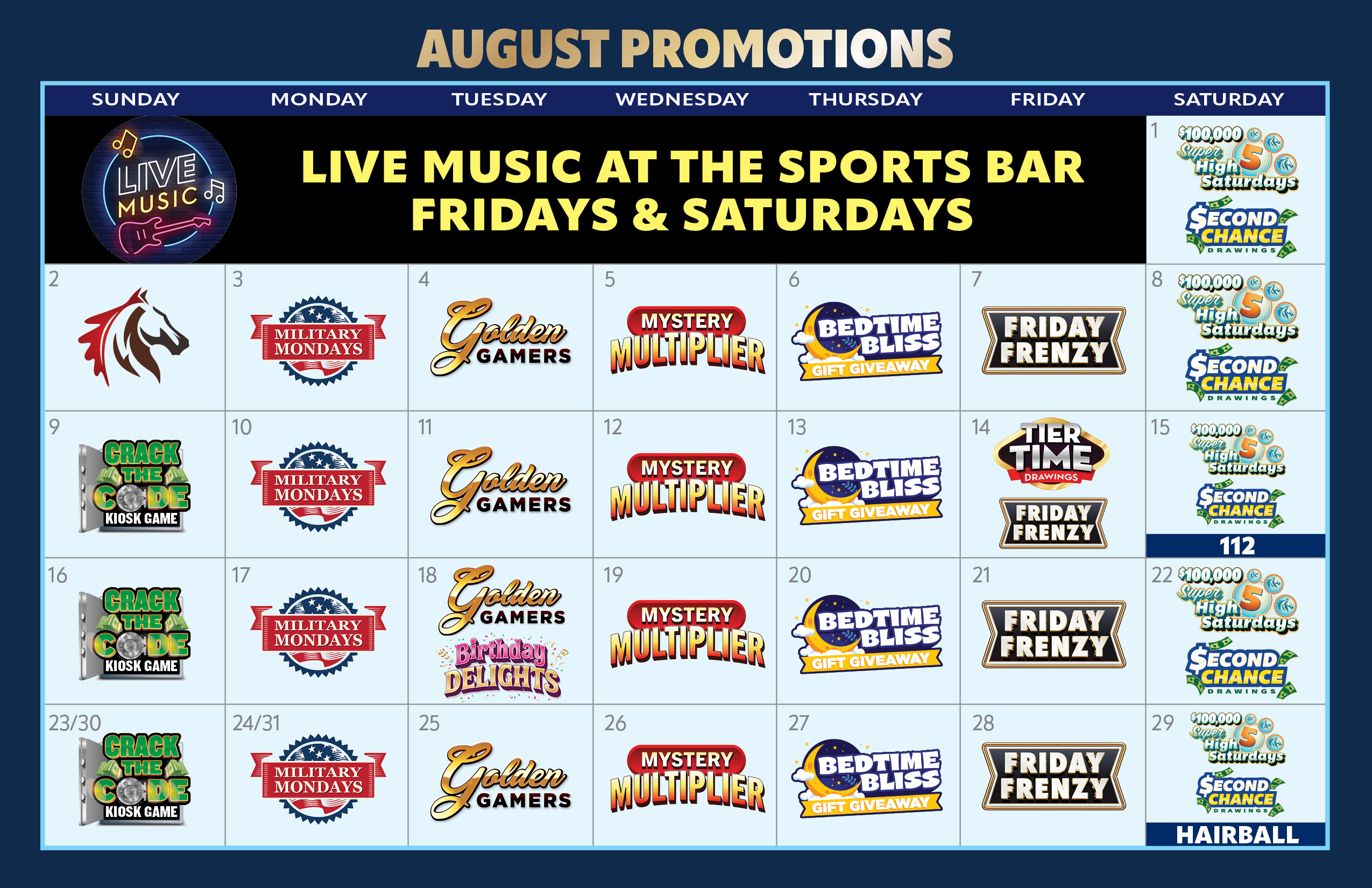 Calendar for August 2026 with promotion logos on the respective dates.