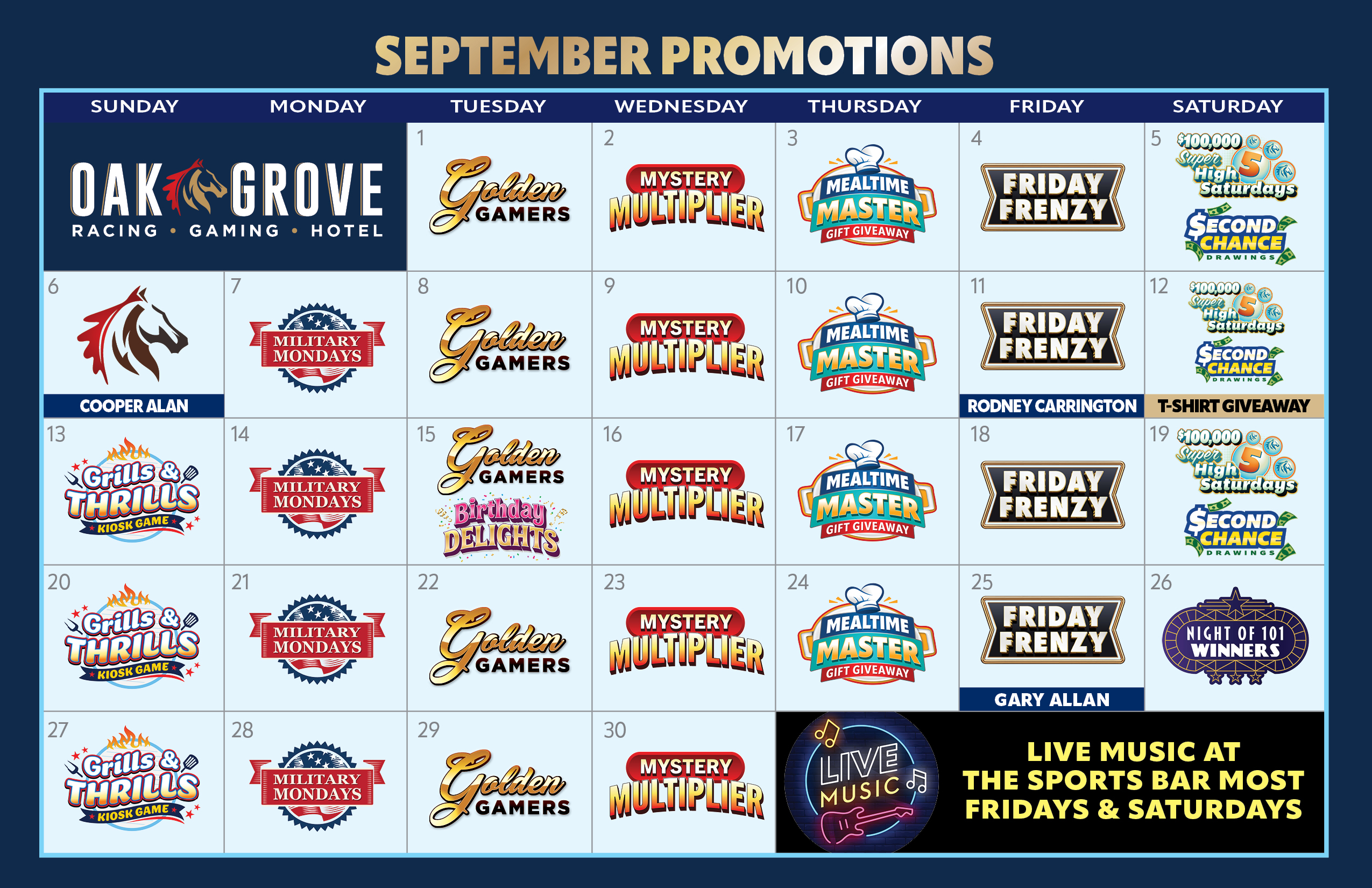 September promotional calendar with icons on different days representing promotions happening that day.
